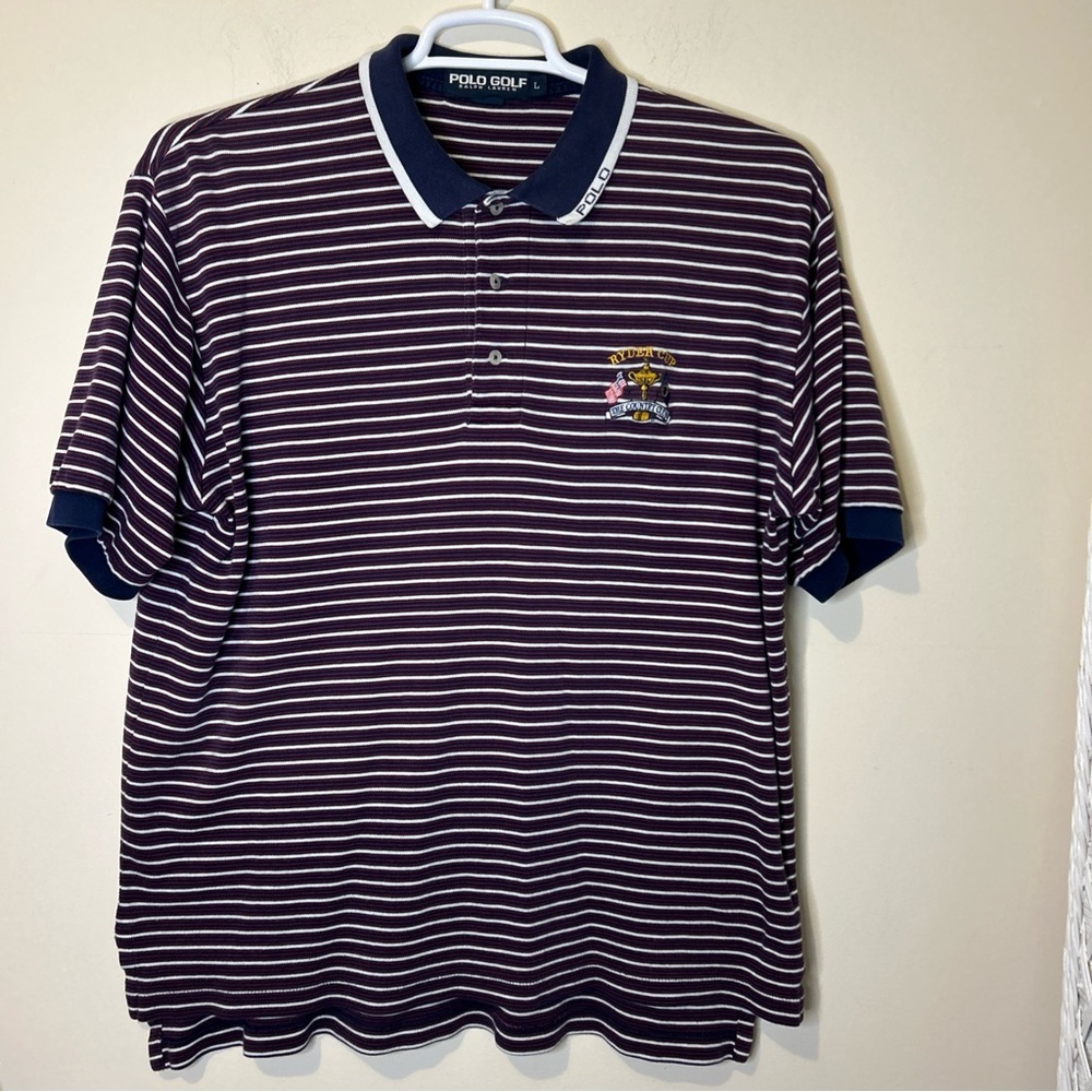 Polo Golf Shirt Men’s Large Blue Stripe Cotton Ryder Cup Emblem Ralph Lauren